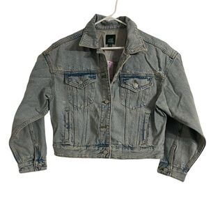 Women's Distressed Denim Trucker Jacket - Wild Fable Light Blue Size Small